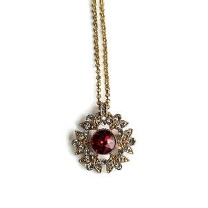 VINTAGE • monet gold tone white and red rhinestone snowflake pendant necklace